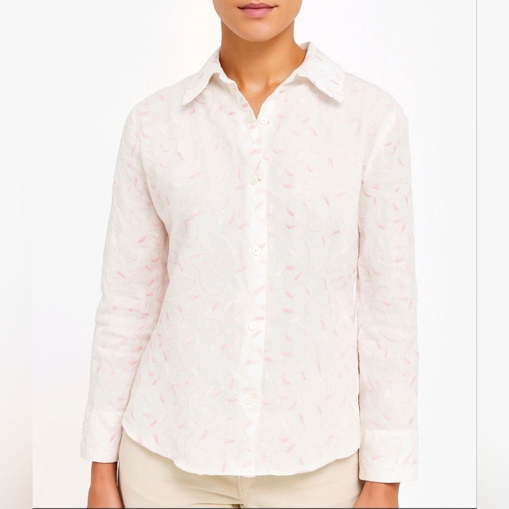 Anne Carson Shirt 100% Linen White Pink Embroidered Button Up Long Sleeve Size S